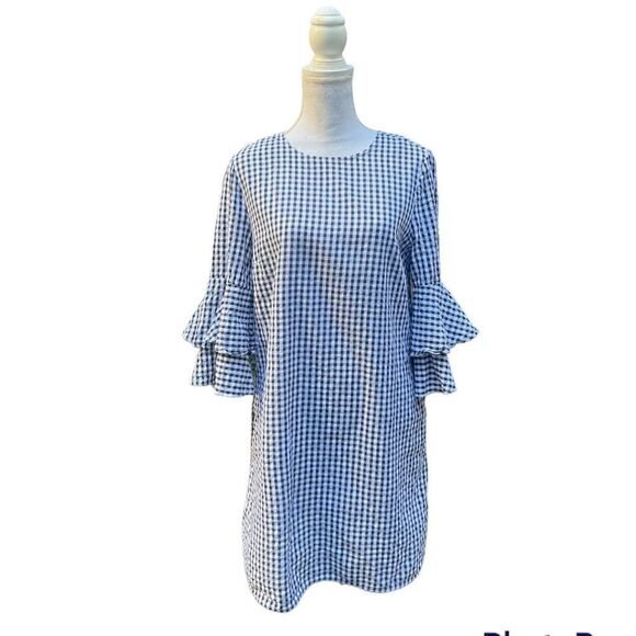 BEACH LUNCH LOUNGE GINGHAM RUFFLE 3/4 SLEEVE MIDI DRESS MEDIUM - Picture 4 of 15